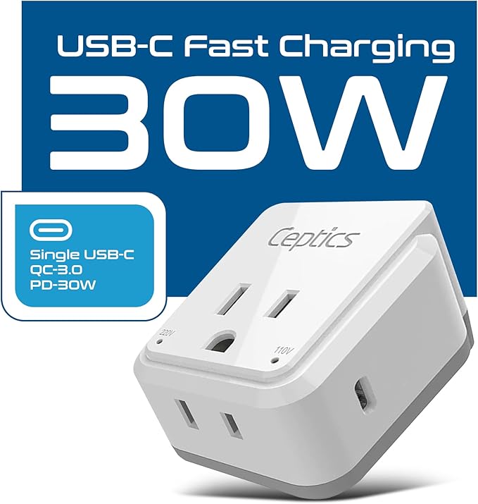 Ceptics European Plug Adapter, Safe USB-C 30W PD & QC 3.0-2 USA Socket - Image 2