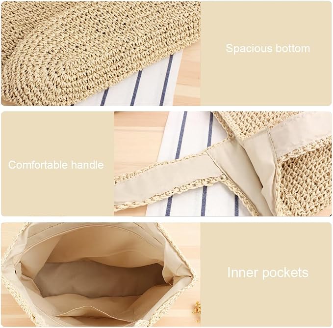 Straw Beach Bags for Women Woven Beach Tote Bag Casual Boho Large Shoulder - Image 6