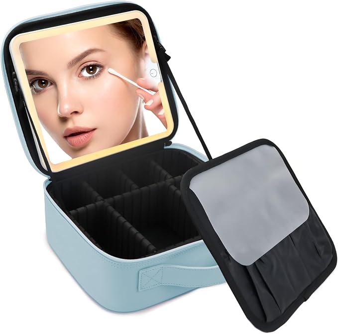 Makeup Bag with Led Mirror, Travel Makeup Organizer with 3 Color Setting by SUILU