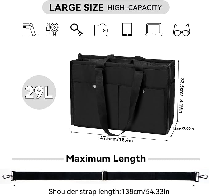 Closeable Tote Bag with 12 Pockets, Thick Bottom Support & Adjustable Strap - Image 2