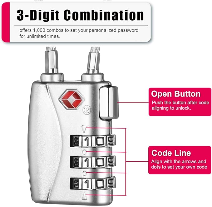 ZHEGE TSA Lock for Luggage 3 Digit Combination Cable Lock - Image 3