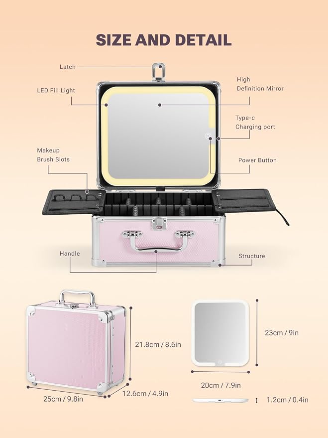 Qislee Makeup Box with A Detachable Lighted Mirror, Waterproof Travel Train Case - Image 3
