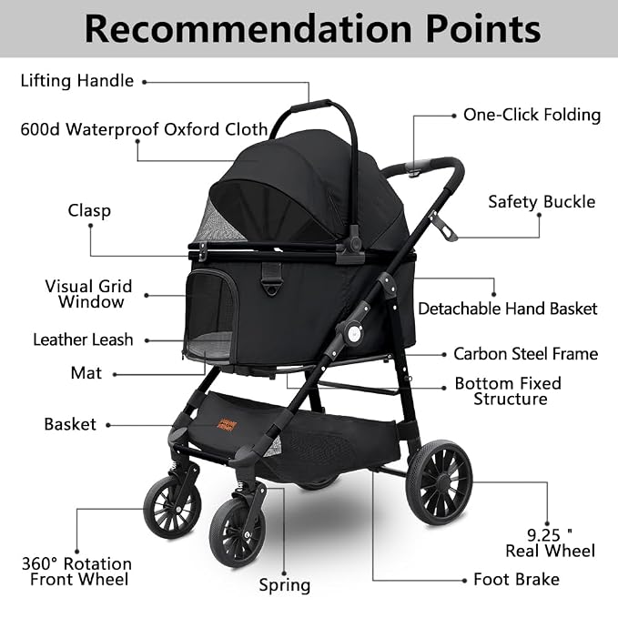 Dog Cat Stroller, Foldable 4 Wheels Dog Stroller - Image 6