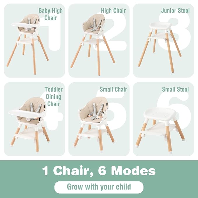 BABY JOY High Chair, 6 in 1 Convertible Wooden Highchair - Image 2