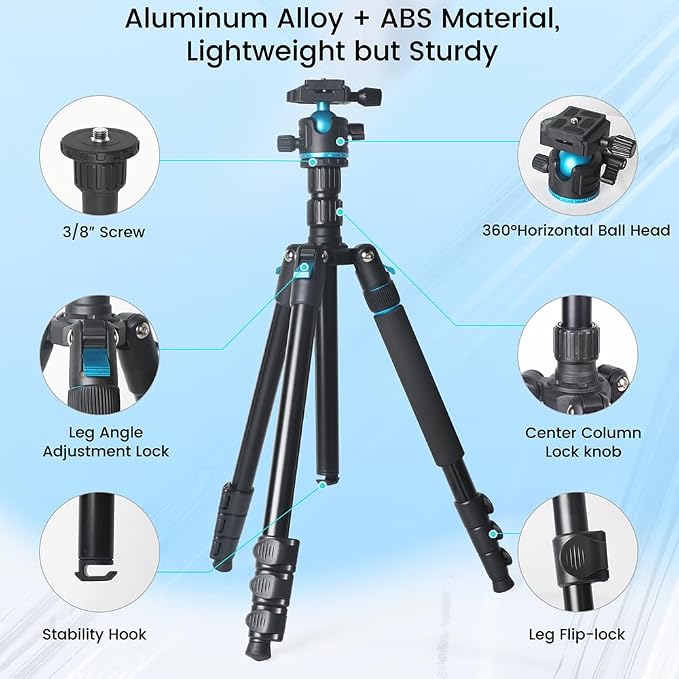 Camera Tripod, Adjustable Height from 17" to 68" Professional Stand - Image 2