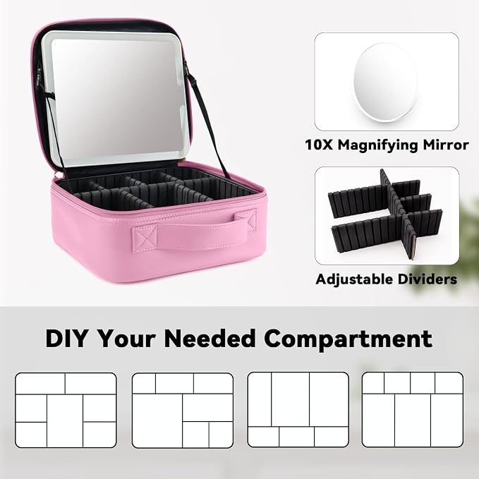 Travel Makeup Bag with LED Mirror and 10x magnifying glass with 3 Lighted - Image 4