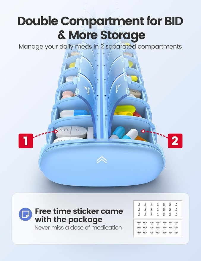 Vaydeer 7 Day Weekly Pill Organizer 2 Times a Day, Metal Am Pm Travel Pill Case - Image 3