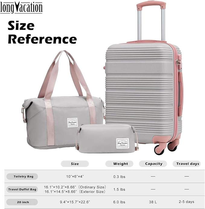 LONG VACATION 3 Piece Carry On Luggage 20 Inch Suitcase - Image 7