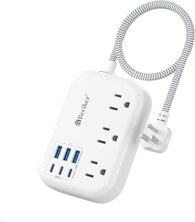 Short Extension Cord 1 Ft- 6 USB Travel Power Strip by Beeiker