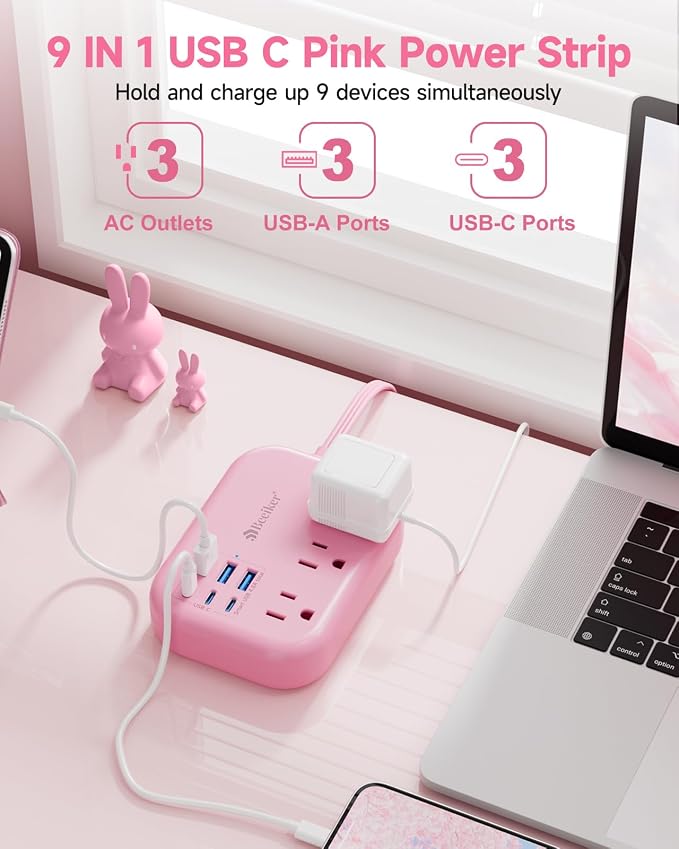 6 USB Pink Power Strip- 5Ft Pink Extension Cord - Image 3