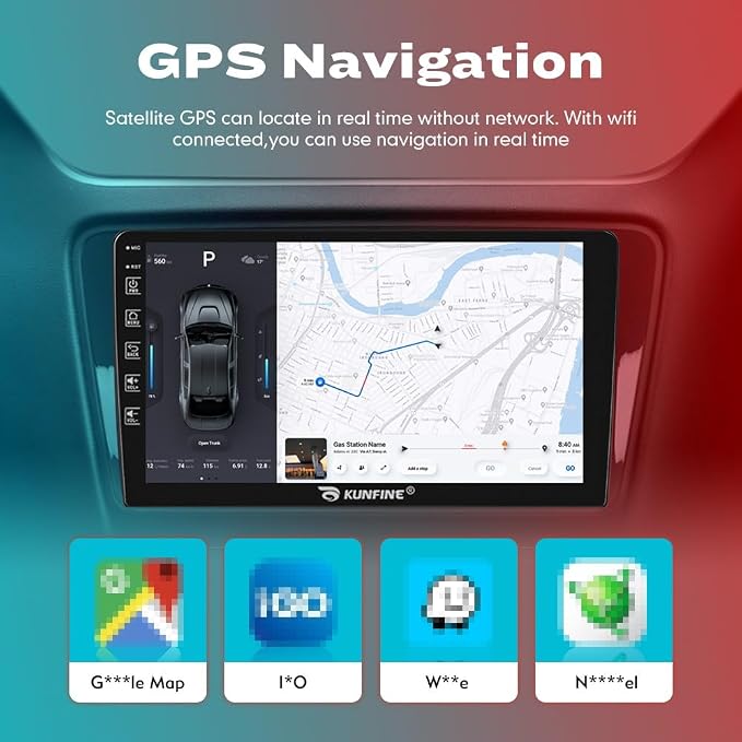 Kunfine Car CarPlay Android Auto Navigation Stereo GPS Radio Reverse Camera - Image 3