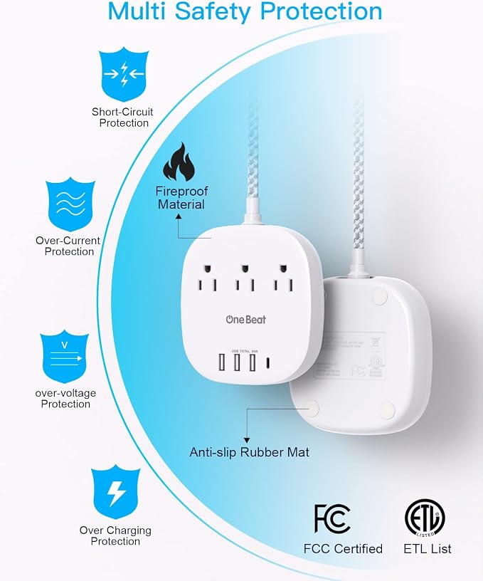 PD 20W USB C 3 Outlet 4 USB Ports Flat Plug Power Strip No Surge Protector - Image 7
