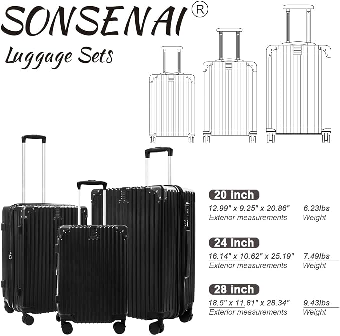 3-Piece Expandable Luggage Set Suitcase in Classic Black -Double Wheel - Image 6
