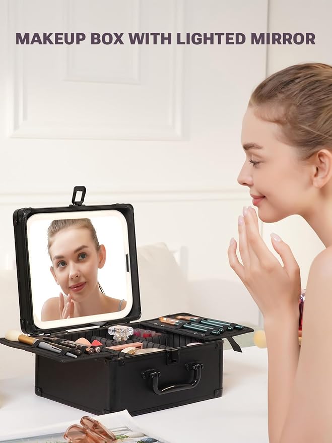 Qislee Makeup Box with A Detachable Lighted Mirror, Waterproof Travel Train Case - Image 6