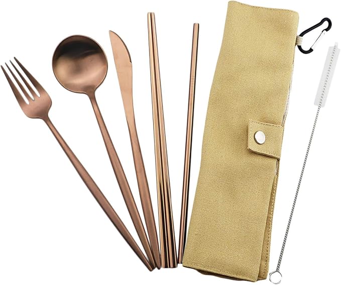 Gugrida Luxury Rose Gold Matte Portable 18/10 Stainless Steel Travel Flatware - Image 2