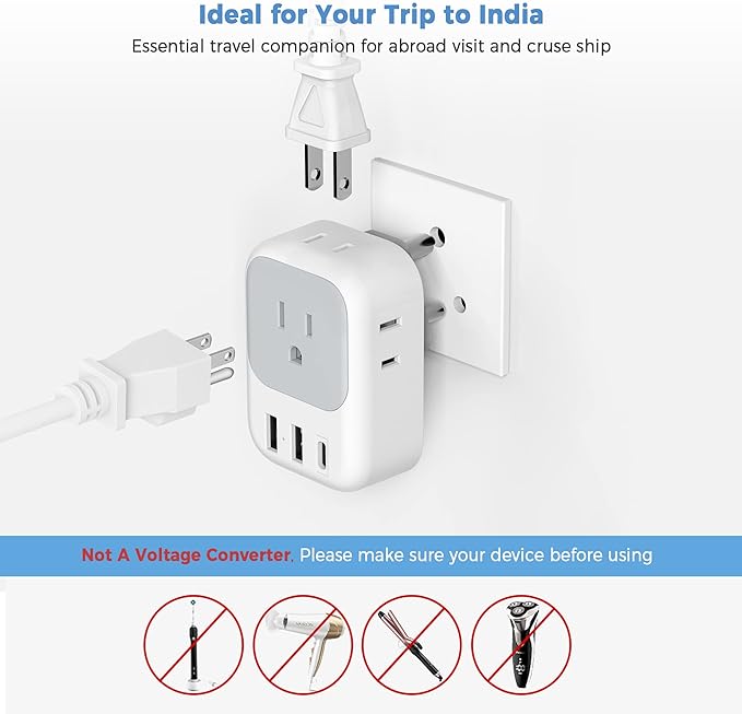 India Plug Adapter 2 Pack, TESSAN Type D Travel Adapter - Image 6