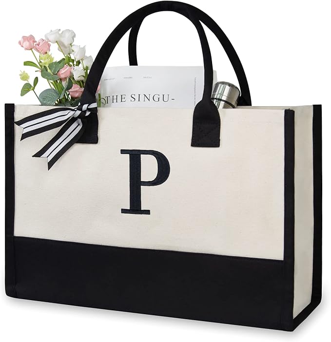 TOPDesign Embroidery Initial Canvas Tote Bag, Personalized Present Bag by TOPDesign