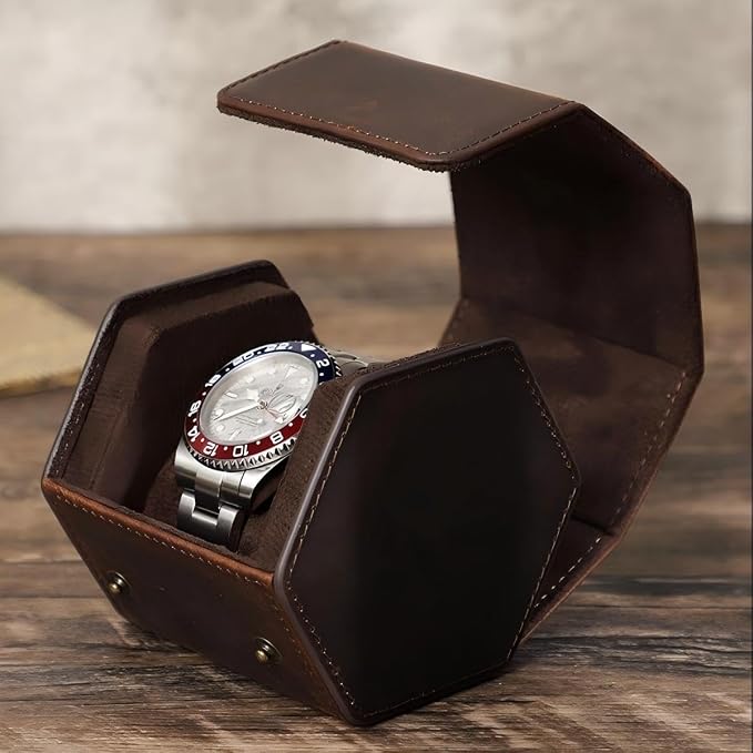 Genuine Leather Watch Roll Travel Case, Vintage Full Grain Leather Hexagon - Image 2