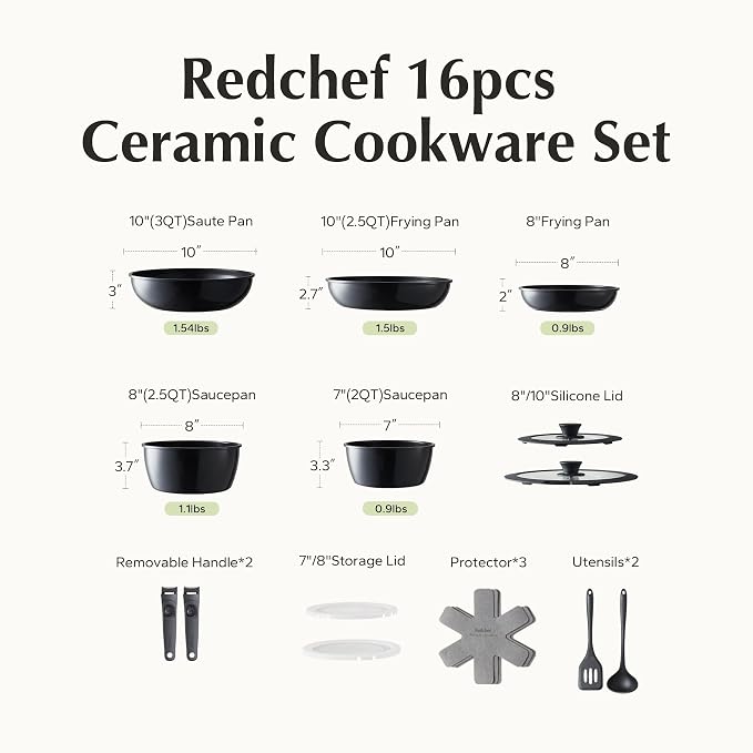 Redchef 16pcs Ceramic Pots and Pans Set Non Stick, Nonstick Kitchen Cookware Set - Image 2