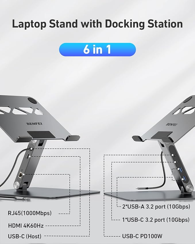 BENFEI Laptop Stand with USB C 6in1 Docking Station, HDMI 4K@60Hz, Gigabit - Image 2