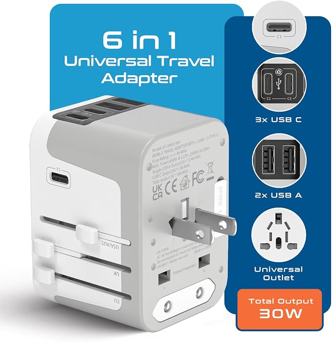 Ceptics 6 in 1 Universal Travel Adapter, Universal Outlet w/ 2X USB-A and 3X - Image 2
