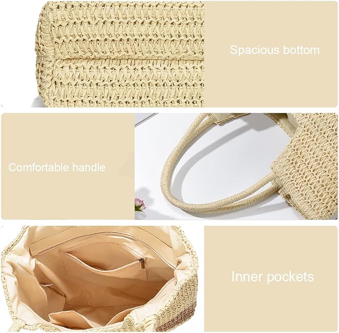 Straw Beach Bags for Women Woven Beach Tote Bag Casual Boho Large Shoulder - Image 6