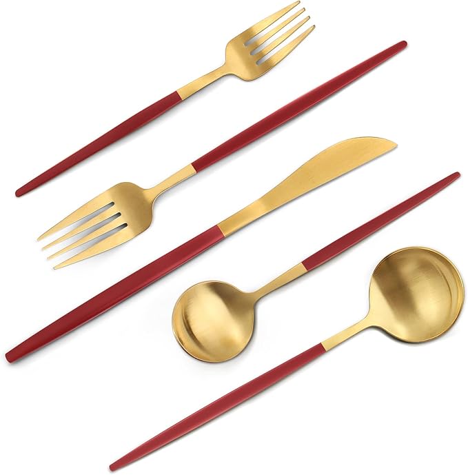 Matte Red Gold Silverware Set, 20-Piece Stainless Steel Flatware Set, Satin by VANVRO