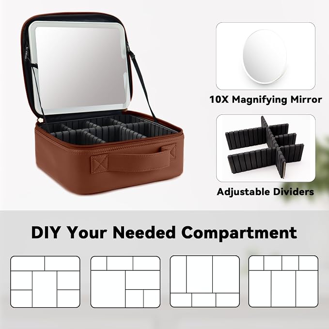 Travel Makeup Bag with LED Mirror and 10x magnifying glass with 3 Lighted - Image 4