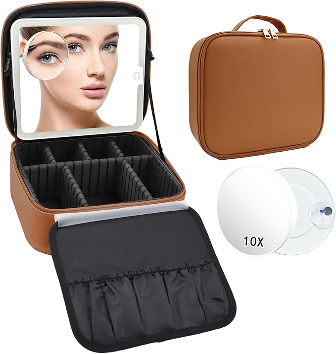 Travel Makeup Bag with LED Mirror and 10x magnifying glass with 3 Lighted by Unknown
