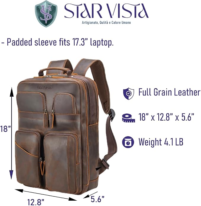 STAR VISTA Angelo 17.3" Vintage Full Grain Leather Laptop Backpack - Image 6