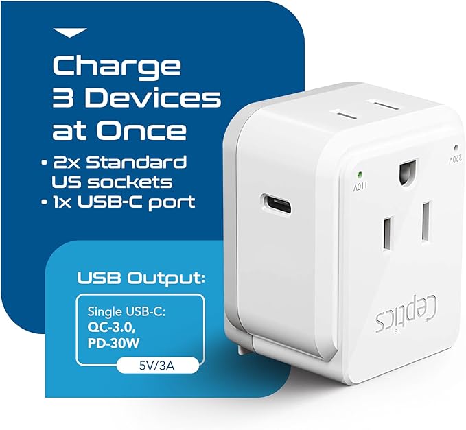 Ceptics European Plug Adapter, Safe USB-C 30W PD & QC 3.0-2 USA Socket - Image 8