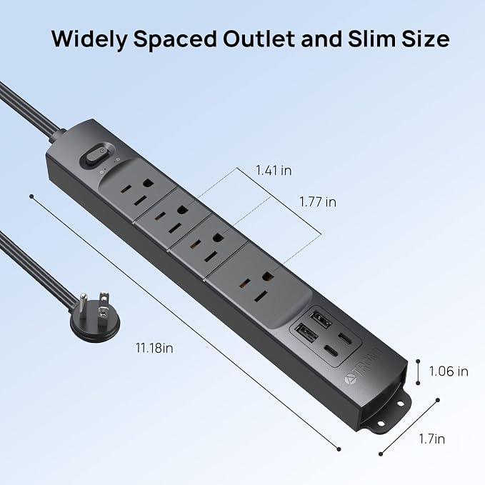 TROND Flat Plug Power Strip USB-5ft Flat Extension Cord Surge Protector Wall - Image 8
