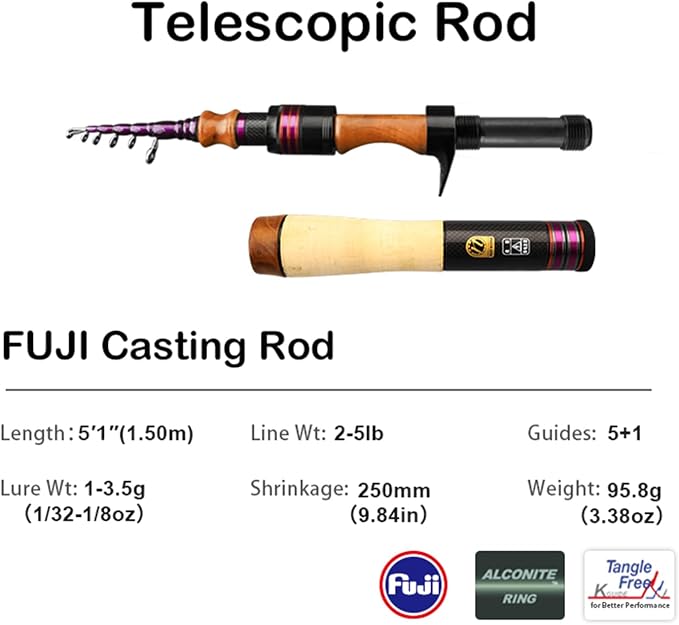 PURELURE Telescopic Fishing Rod Spinning & Casting, Fuji Alconite Ring - Image 2