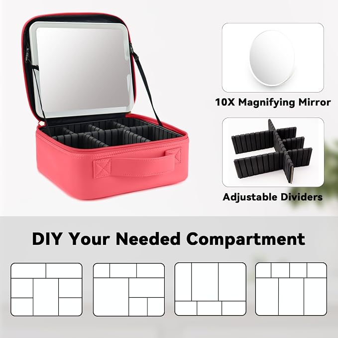 Travel Makeup Bag with LED Mirror and 10x magnifying glass with 3 Lighted - Image 4