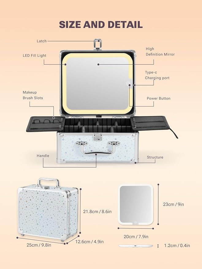 Qislee Makeup Box with A Detachable Lighted Mirror, Waterproof Travel Train Case - Image 3