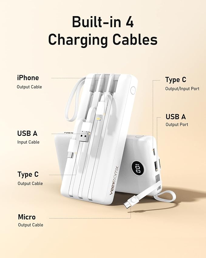 VEEKTOMX Portable Charger with Built-in Cables, 20000mAh Power Bank - Image 3