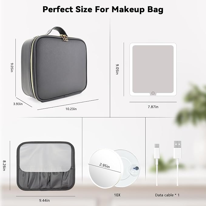 Travel Makeup Bag with LED Mirror and 10x magnifying glass with 3 Lighted - Image 8