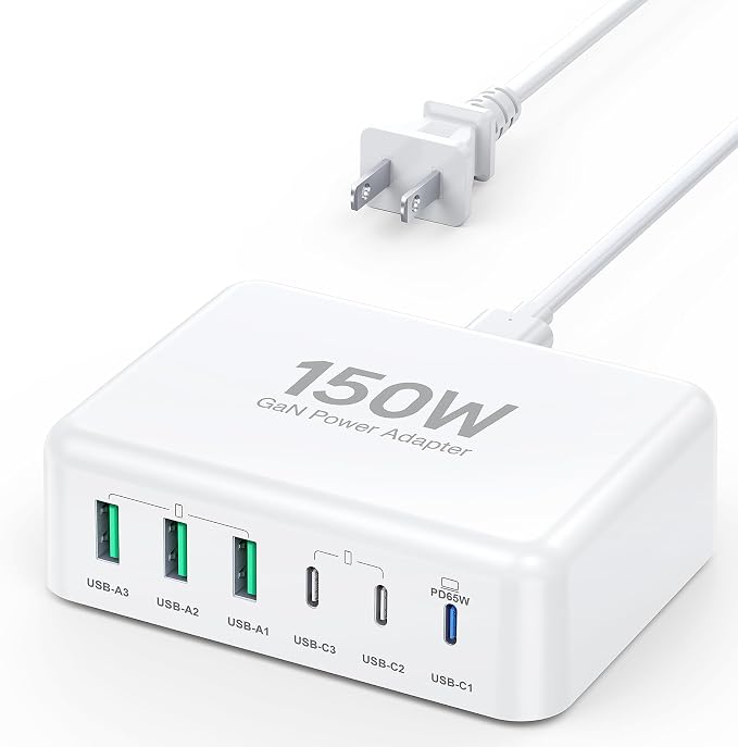 USB C Fast Charger Block, 150W 6 Port Desktop PD GaN Fast Charger Charging by BOVICAS