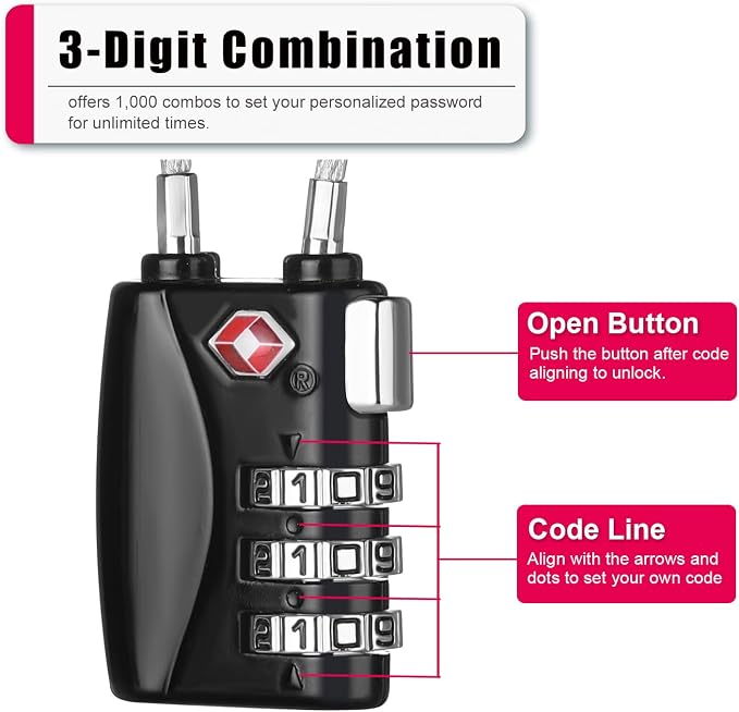 ZHEGE Luggage Locks TSA Approved 4 Pack Cable Padlocks - Image 3