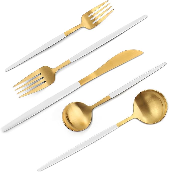 Matte White Gold Silverware Set, 40-Piece Stainless Steel Flatware Set by VANVRO