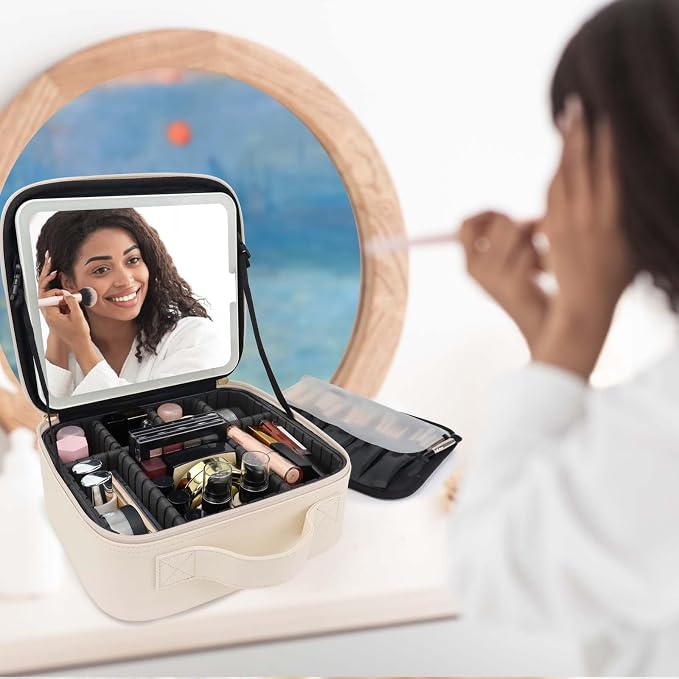 Travel Makeup Bag with LED Mirror Travel Makeup Organizer with 3 Lighted - Image 9