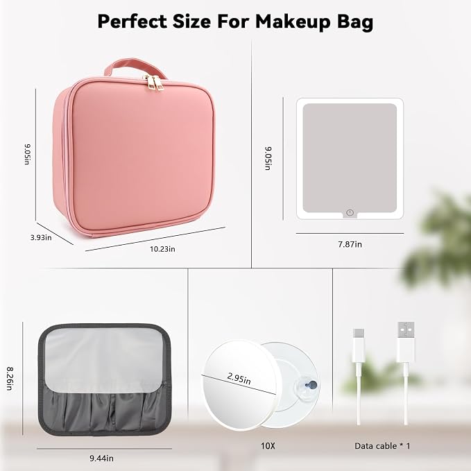 Travel Makeup Bag with LED Mirror and 10x magnifying glass with 3 Lighted - Image 8
