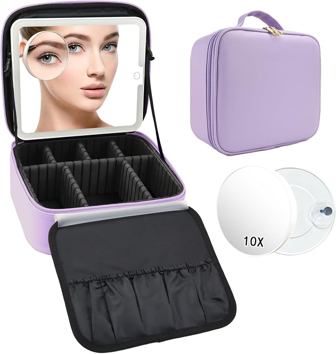 Travel Makeup Bag with LED Mirror and 10x magnifying glass with 3 Lighted - Image 9