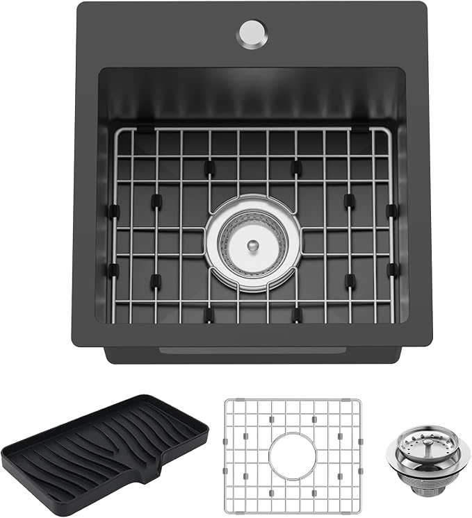 Small Black Kitchen Sink, 15x15 Inch Stainless Steel Drop In Topmount Kitchen by FAUENPEEY