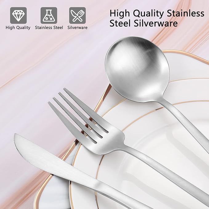 Matte Silverware Set, VANVRO 20-Piece Stainless Steel Flatware Set, Satin - Image 4