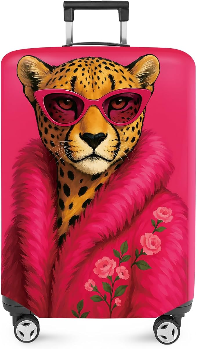 ANNA QUEEN Fashionable Leopard Luggage Cover, Leopard in Pink Coat and by ANNAQUEEN