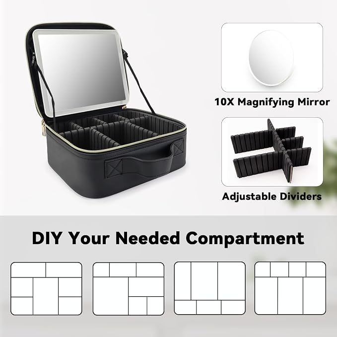 Travel Makeup Bag with LED Mirror and 10x magnifying glass with 3 Lighted - Image 4