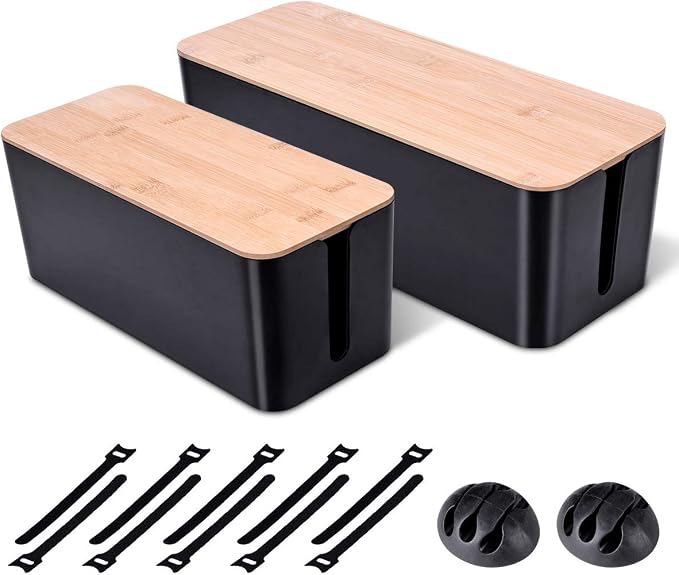 2 Pack Large Cable Management Box – Wooden Style Cord Organizer Box and Cover by Chouky