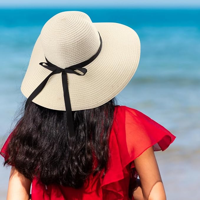 DRESHOW Beach Hats for Women Big Straw Wide Brim Summer Hat Floppy Foldable - Image 2