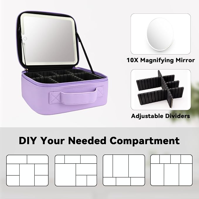 Travel Makeup Bag with LED Mirror and 10x magnifying glass with 3 Lighted - Image 4